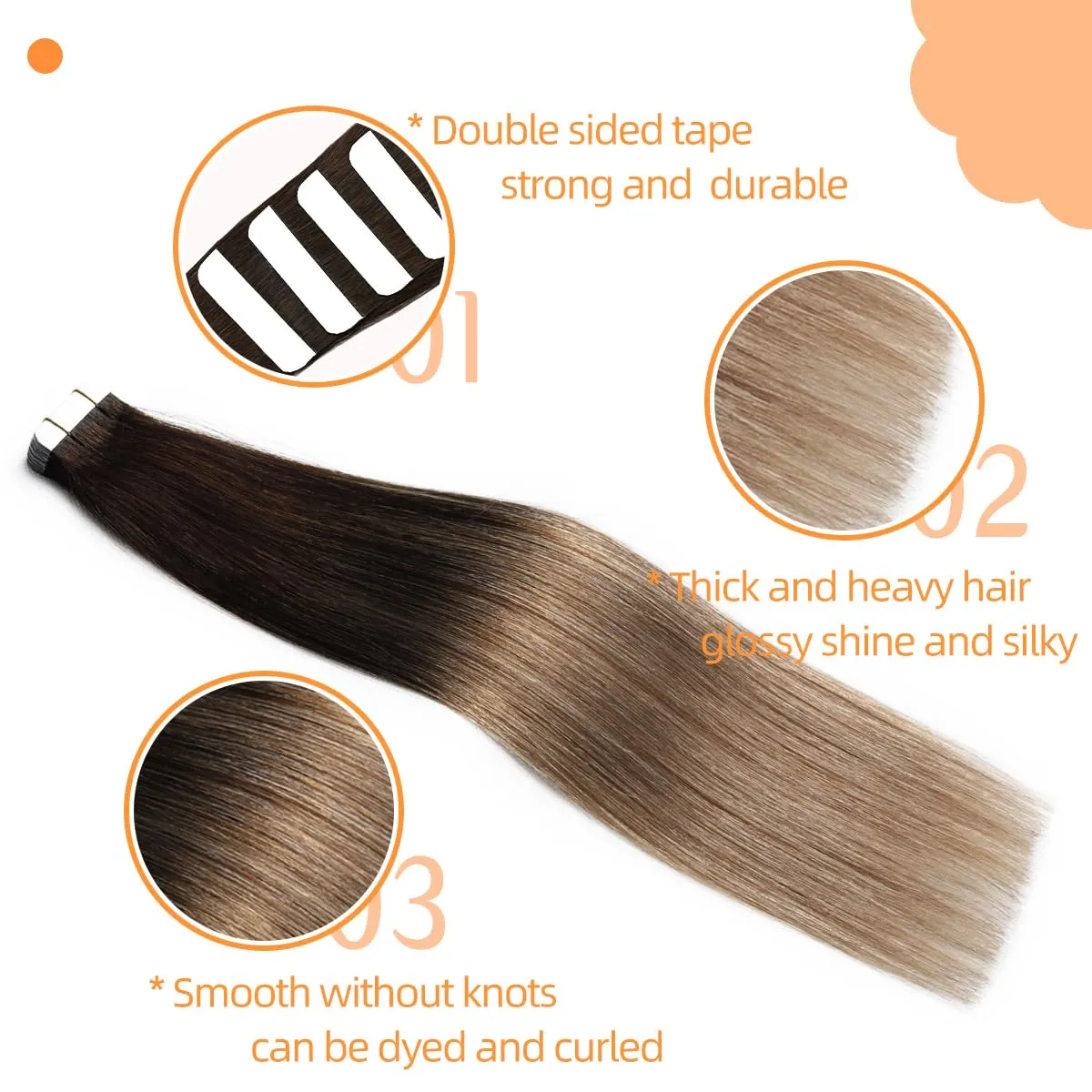 VINBAO Tape In Hair Extensions Human Hair Ombre Balayage Color 2/6/18 Ash Blonde Extensions Real Hair Glue In Extensions 50 Grams 20 Pieces (14inch, #2/6/18)