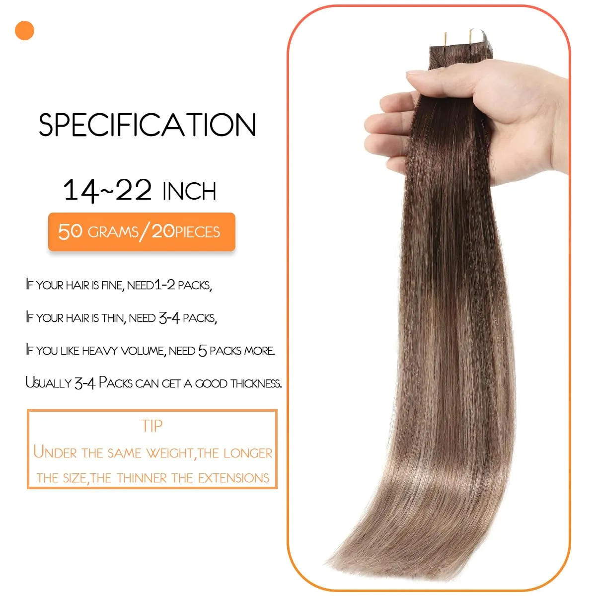 VINBAO Tape In Hair Extensions Human Hair Ombre Balayage Color 2/6/18 Ash Blonde Extensions Real Hair Glue In Extensions 50 Grams 20 Pieces (14inch, #2/6/18)