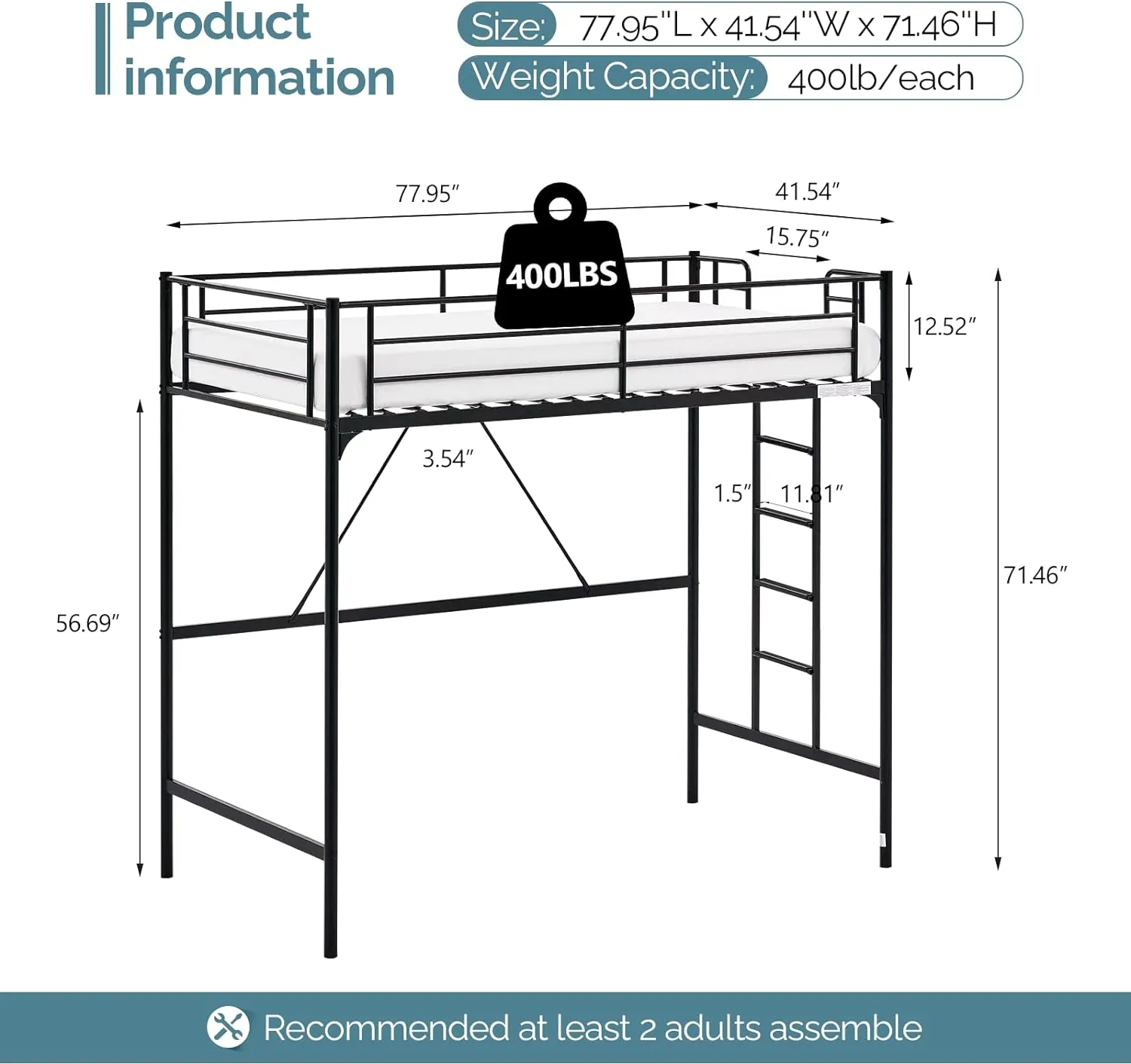 VINGLI Loft Bed Twin Size with Flat Ladder Rung for Kids Teens Adults Heavy Duty Metal Single Bunk Bed Loft with Safety Guard Rails for Small Space, Black