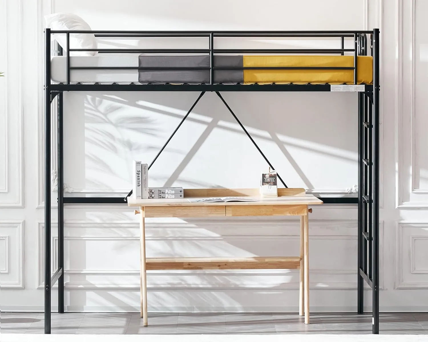VINGLI Loft Bed Twin Size with Flat Ladder Rung for Kids Teens Adults Heavy Duty Metal Single Bunk Bed Loft with Safety Guard Rails for Small Space, Black