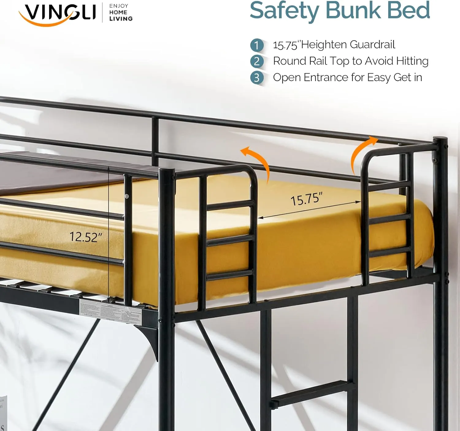 VINGLI Loft Bed Twin Size with Flat Ladder Rung for Kids Teens Adults Heavy Duty Metal Single Bunk Bed Loft with Safety Guard Rails for Small Space, Black