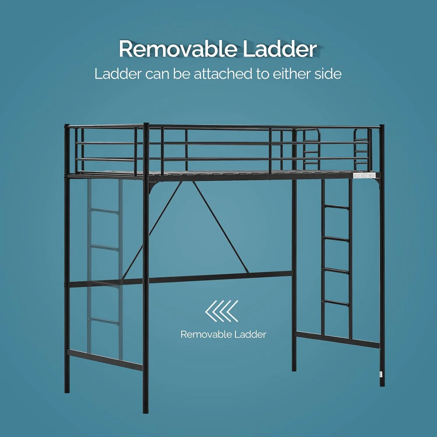 VINGLI Loft Bed Twin Size with Flat Ladder Rung for Kids Teens Adults Heavy Duty Metal Single Bunk Bed Loft with Safety Guard Rails for Small Space, Black