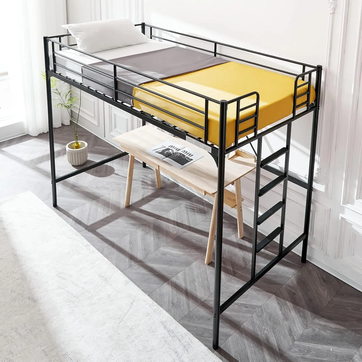 VINGLI Loft Bed Twin Size with Flat Ladder Rung for Kids Teens Adults Heavy Duty Metal Single Bunk Bed Loft with Safety Guard Rails for Small Space, Black