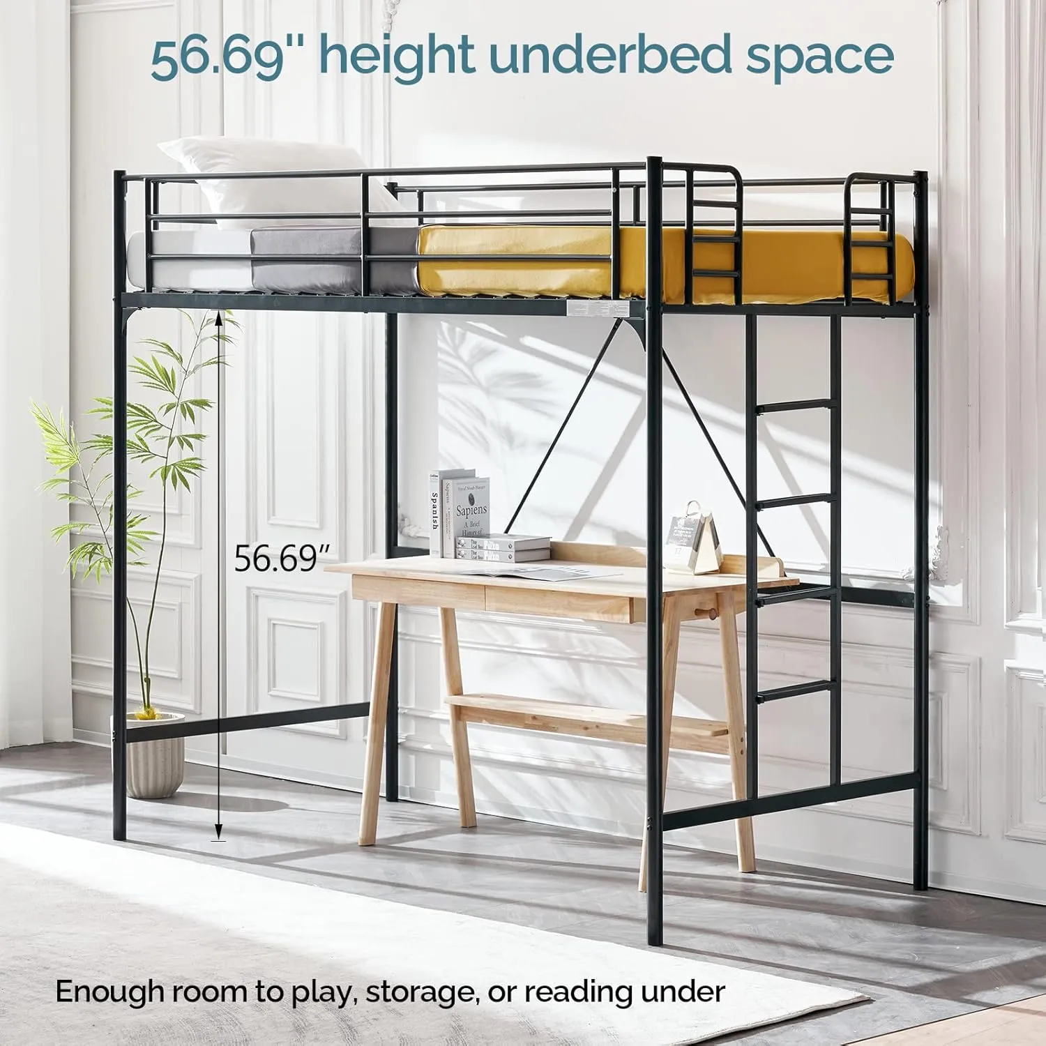 VINGLI Loft Bed Twin Size with Flat Ladder Rung for Kids Teens Adults Heavy Duty Metal Single Bunk Bed Loft with Safety Guard Rails for Small Space, Black