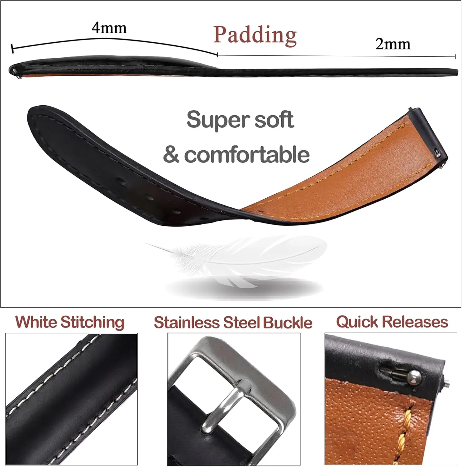 Vintage Flat Leather Watch Band Quick Release Thin Leather Strap For Men Women Handmade Extra Soft Slim Watch Wrist Band Elegant Replacement Strap 18mm 19mm 20mm 21mm 22mm