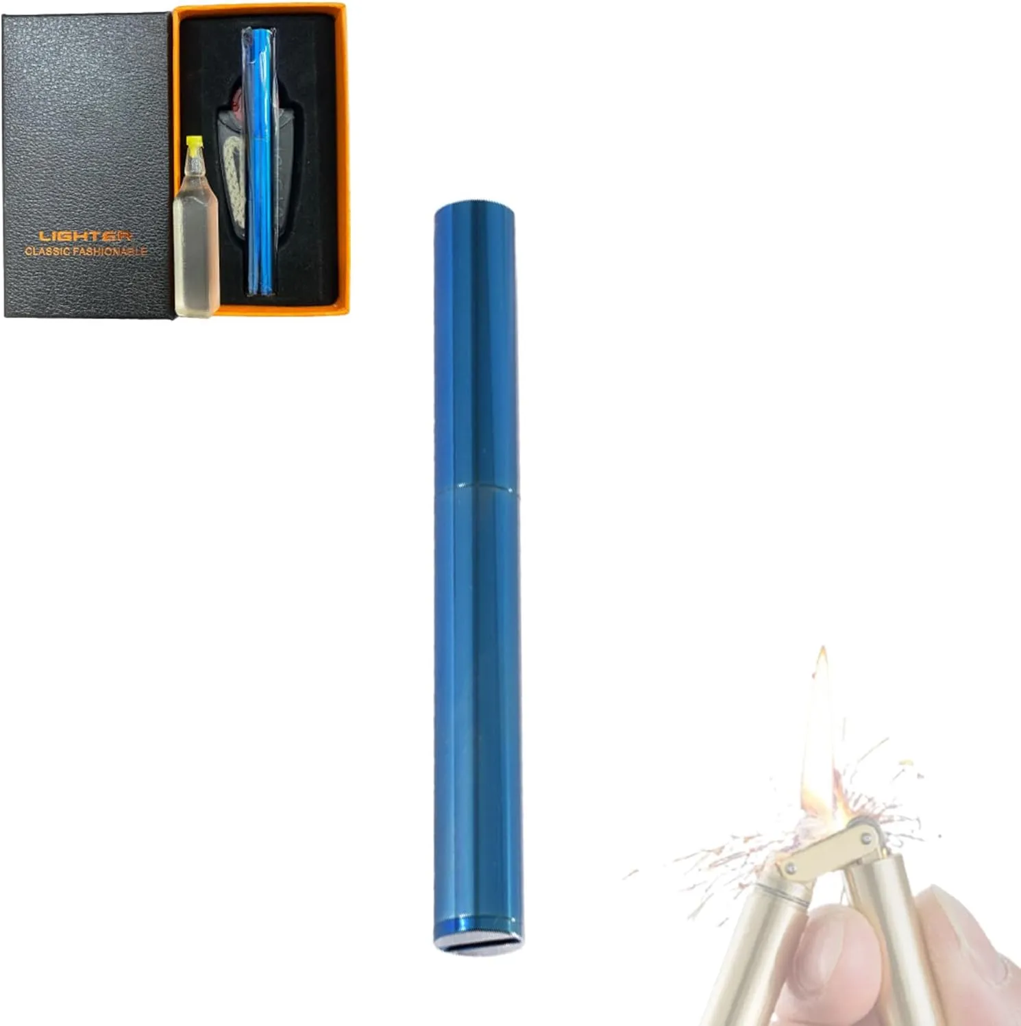 Vintage Nunchuk Kerosene Lighter Pure Copper Flint Lighter Windproof Cool Wheel Lighter Mini Portable Lighter Collection with Gift Box (Blue)