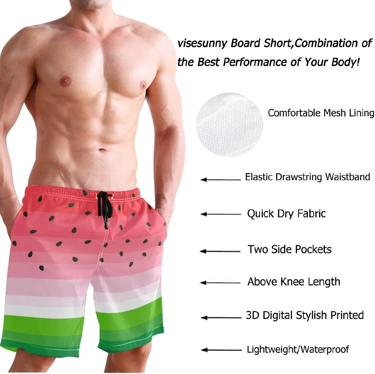visesunny Stylish Mens Swim Trunks Quick Dry Beachwear Sports Swim Board Shorts Holiday Party Bathing Suits