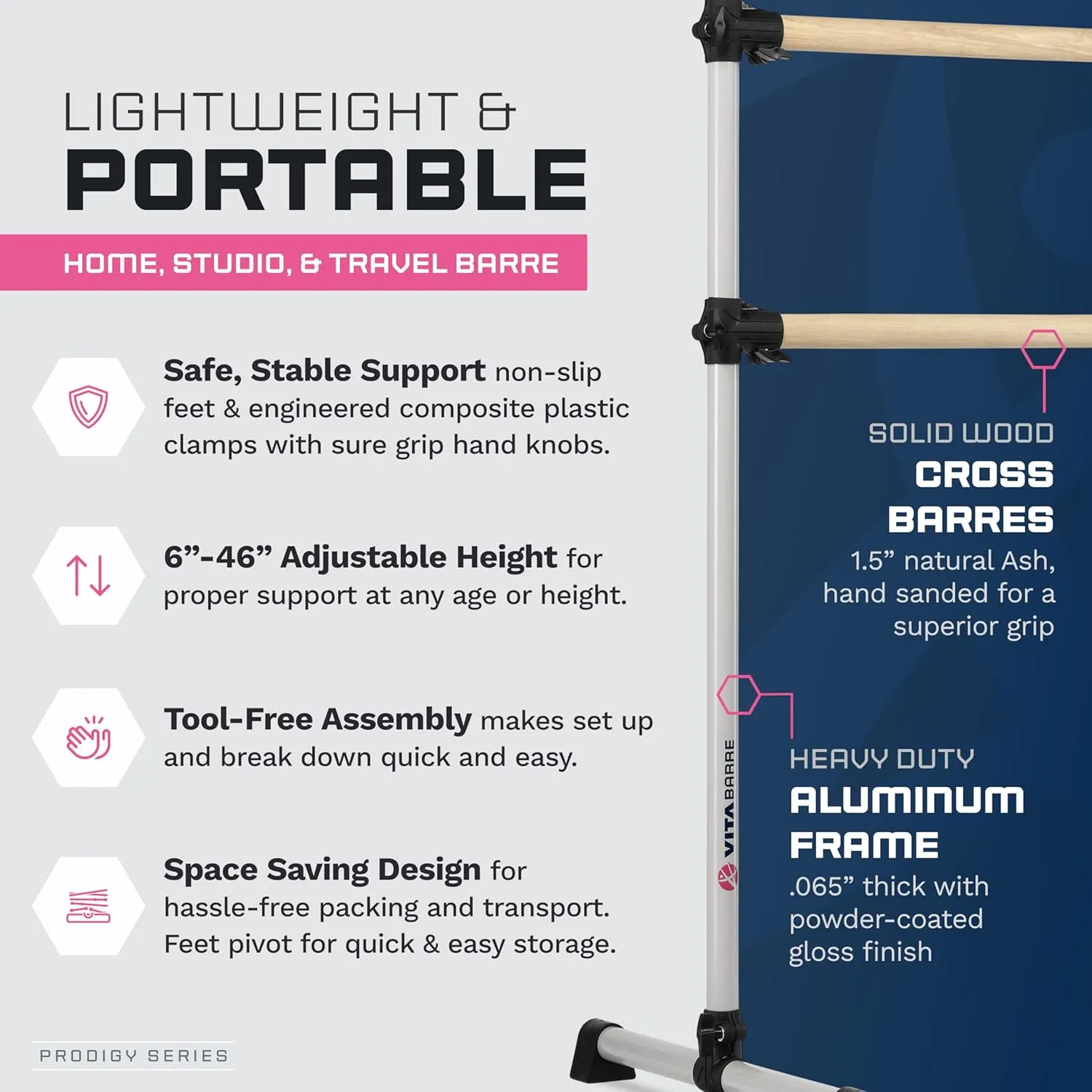 VITA Barre Portable Freestanding Double Ballet Barre, Prodigy, with Carry Bag | Adjustable Height, USA Made, Home or Gym Exercise Equipment for Kids & Adults | Dance, Fitness, Pilates