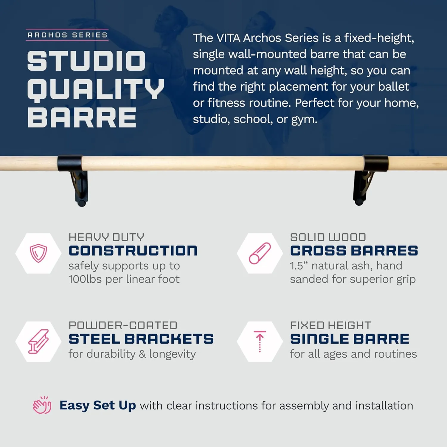 VITA Barre Wall-Mounted Single Ballet Barre, Archos, Wood | Fixed Height, Made in USA, Home, Studio or Gym Exercise Equipment for Kids & Adults | Dance, Fitness, Pilates