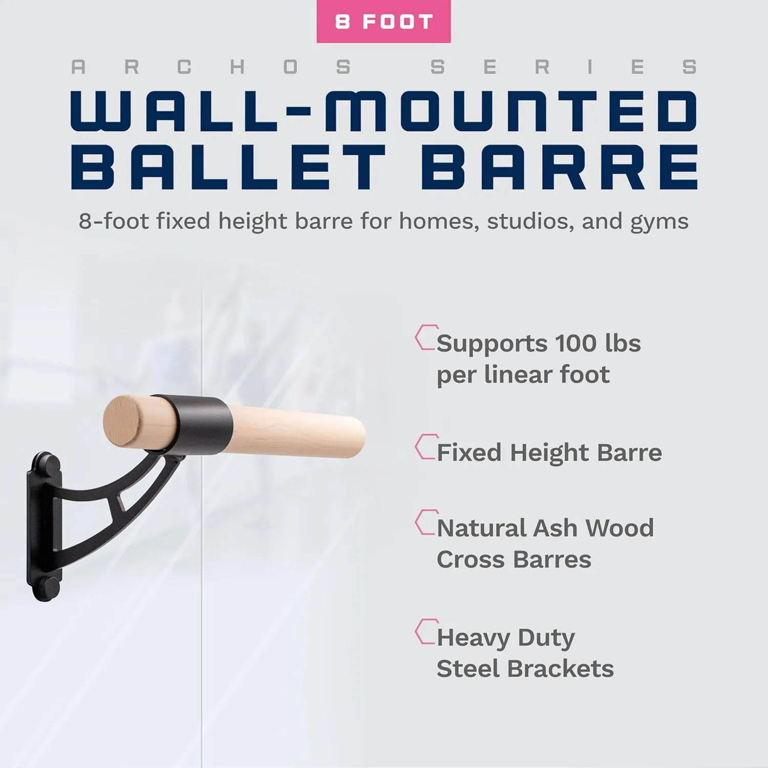 VITA Barre Wall-Mounted Single Ballet Barre, Archos, Wood | Fixed Height, Made in USA, Home, Studio or Gym Exercise Equipment for Kids & Adults | Dance, Fitness, Pilates