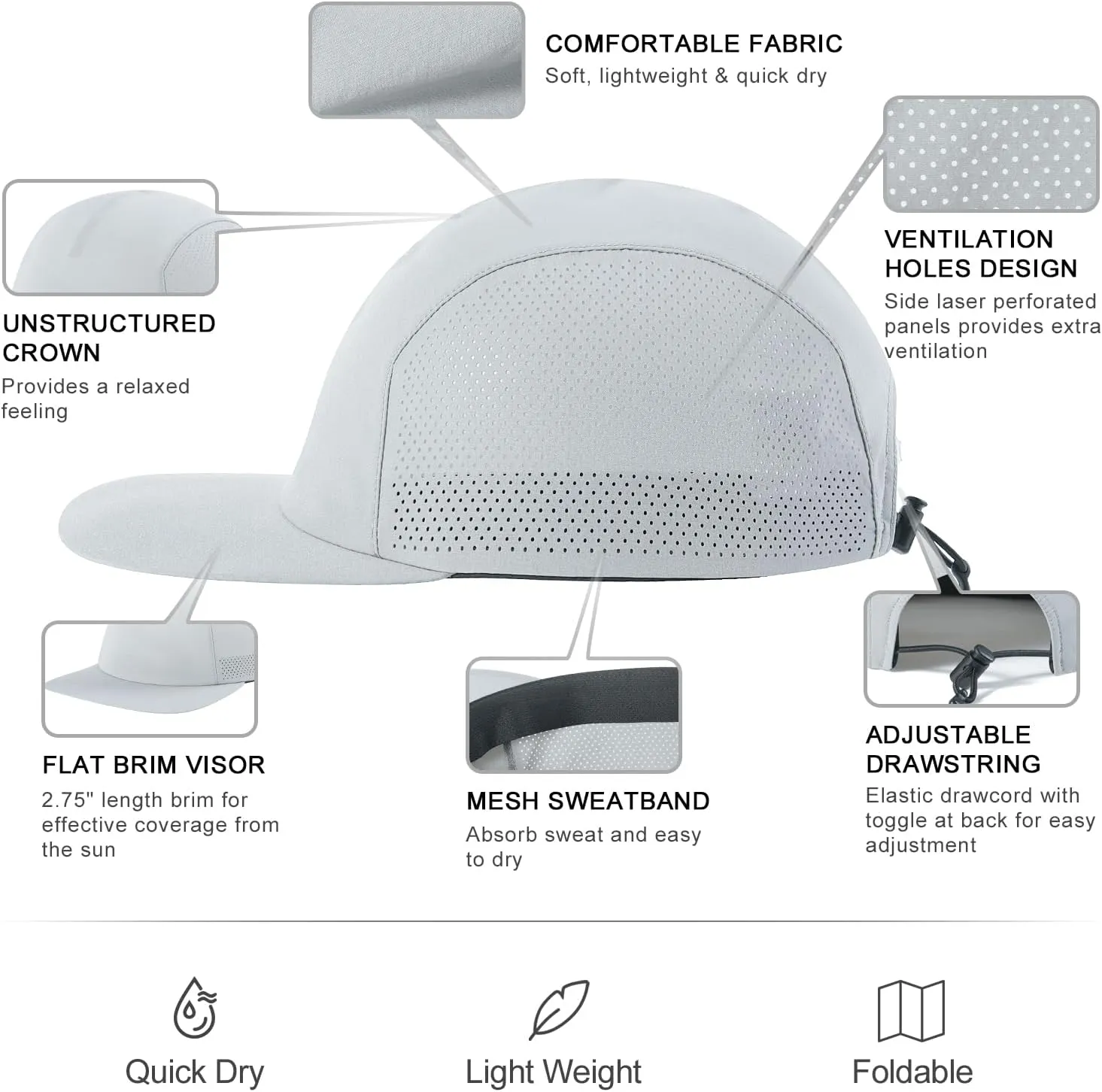 VOBOOM Unstructured Baseball Cap Flat Brim Quick Dry Outdoor Sports Hat for Men and Women
