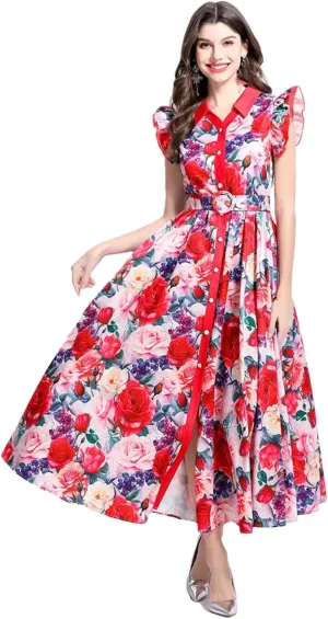 Vsadsau Women Bohemian Maxi Dress Flying Sleeve Single Breasted Dresses Floral Print Long Robe Party Dress