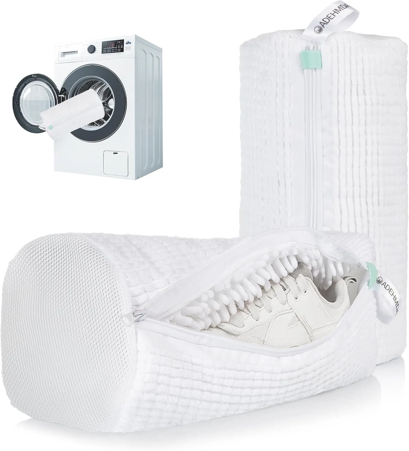 Washing Machine Shoe Bag, Shoe Washing Machine Bag with Zip, Shoe Cleaning Bag Extra Long and Thick Microfibre Fluff, Suitable for Multiple White and Light Coloured Shoes (2pcs, White)