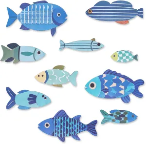 WATUNID 10PCS Fish Wall Decor, Wooden Nautical Ocean Wall Art Hanging, Coastal Blue Fish Sculpture Ornaments for Home Bedroom Bathroom Lake House, Flat Printing Not 3D Pattern