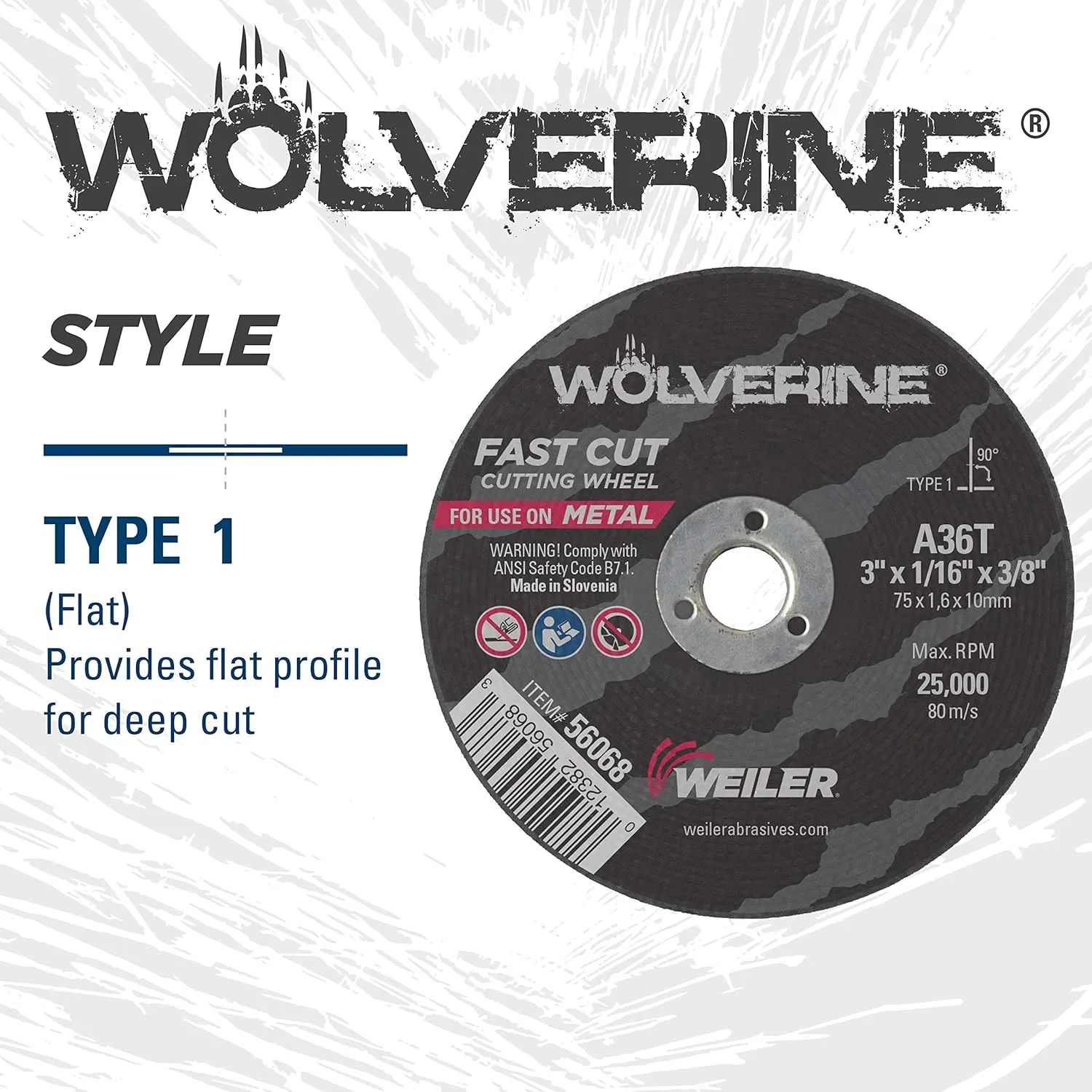 Weiler 56068 3-Inch Cutting Wheel, Wolverine AO Steel/Metal Fast Cut, Value Cutting, 1/16" A36T Type 1 3/8" Arbor (Pack of 100)