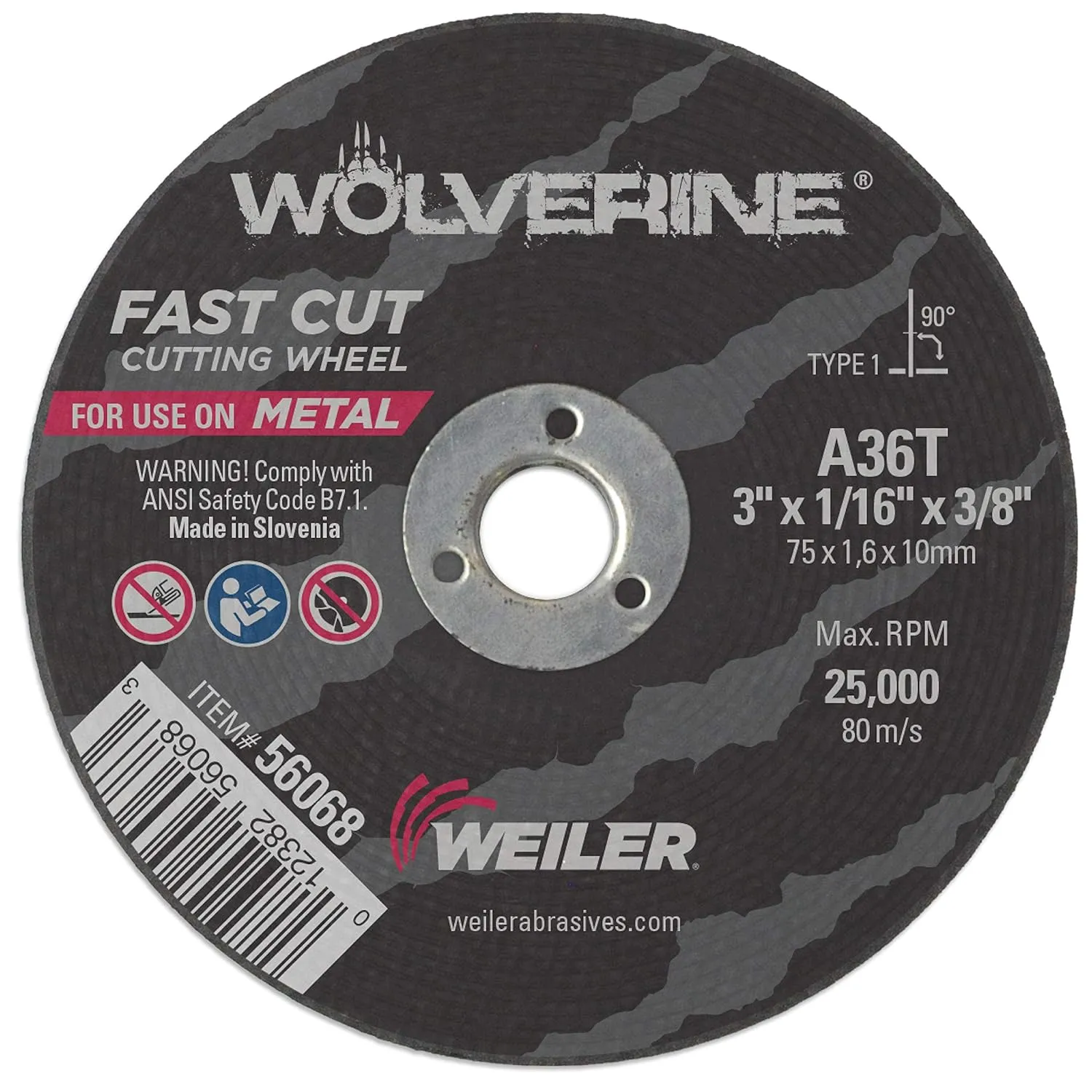 Weiler 56068 3-Inch Cutting Wheel, Wolverine AO Steel/Metal Fast Cut, Value Cutting, 1/16" A36T Type 1 3/8" Arbor (Pack of 100)