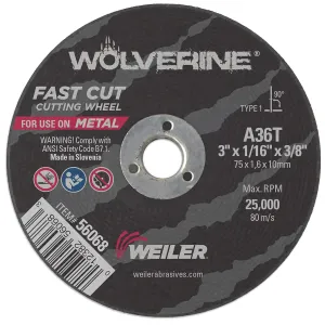 Weiler 56068 3-Inch Cutting Wheel, Wolverine AO Steel/Metal Fast Cut, Value Cutting, 1/16" A36T Type 1 3/8" Arbor (Pack of 100)