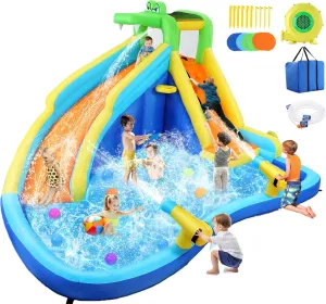 Whubefy Inflatable Water Slides for Kids with 450W Blower, 6 in 1 Blow Up Water Park, 158x 138 x 89 Waterslide w/Climbing Wall, Splash Pool, 2 Water Cannon, Basketball Rim & Crocodile Shower Head