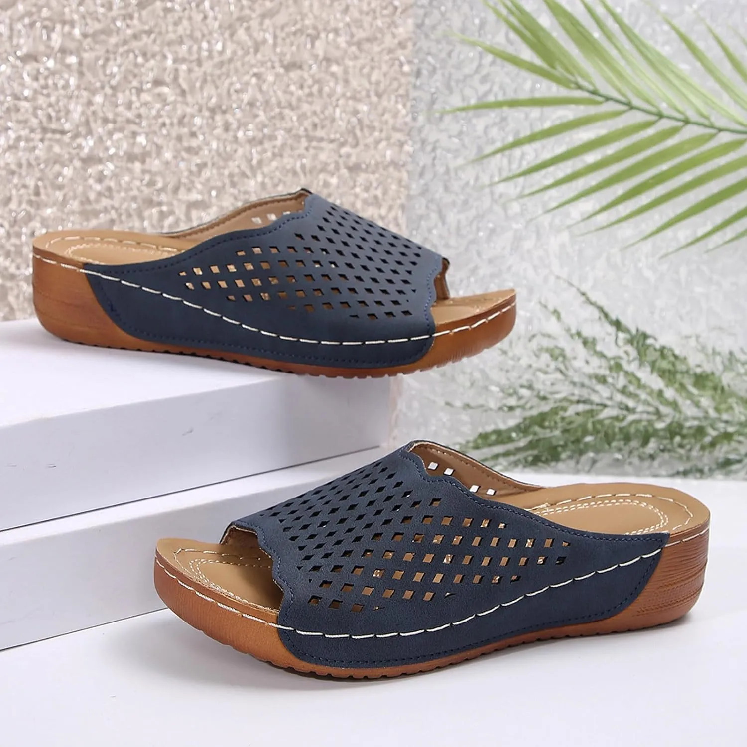 Women Comfort Summer Slides with Arch Support, Slip on Walking Sandals Hollow Breathable Beach Shoes Boho Slippers