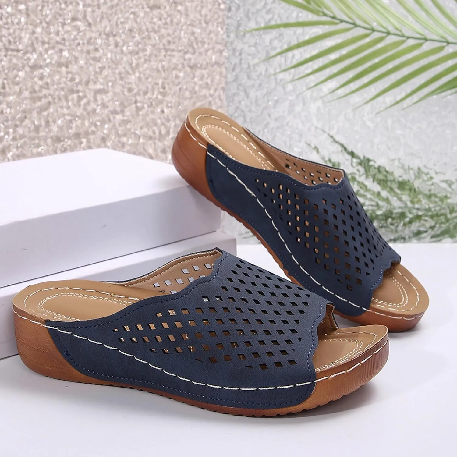 Women Comfort Summer Slides with Arch Support, Slip on Walking Sandals Hollow Breathable Beach Shoes Boho Slippers