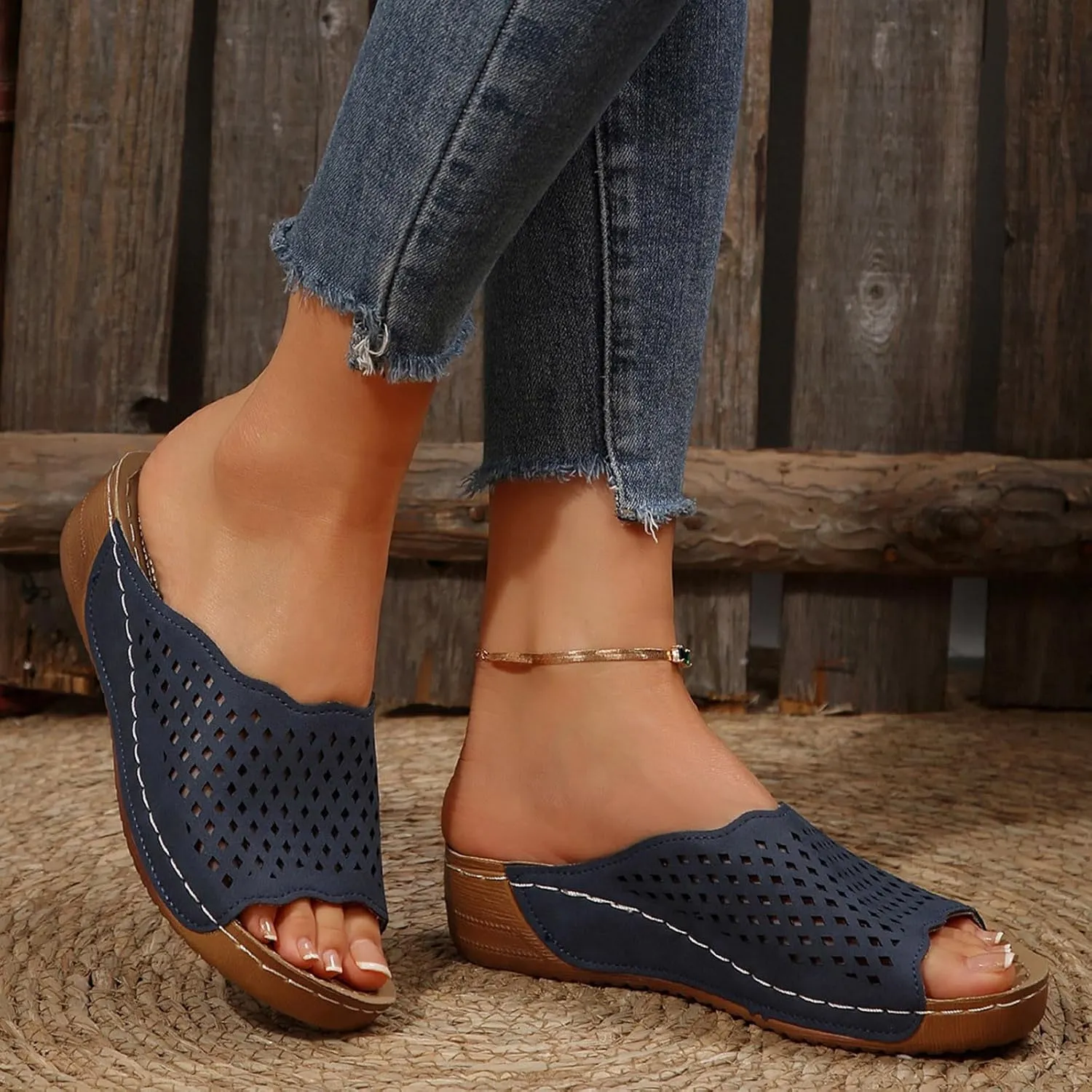Women Comfort Summer Slides with Arch Support, Slip on Walking Sandals Hollow Breathable Beach Shoes Boho Slippers