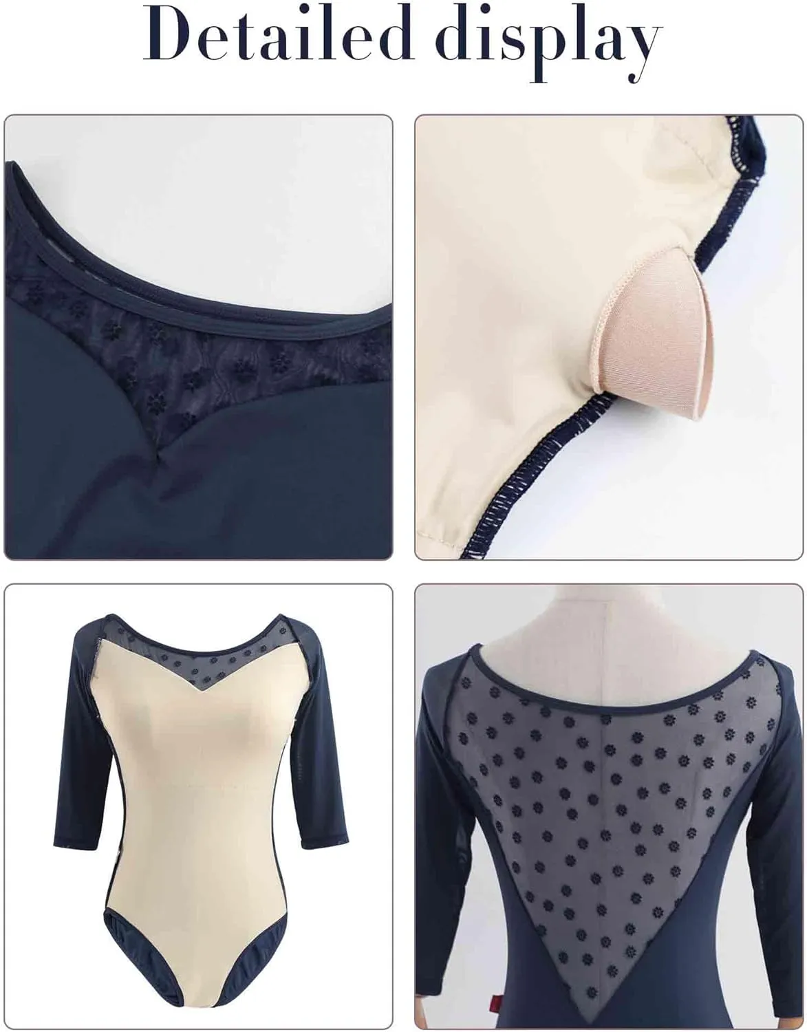 Women Dance Leotards Mesh 3/4 Sleeve Ballet Clothes Bodysuit