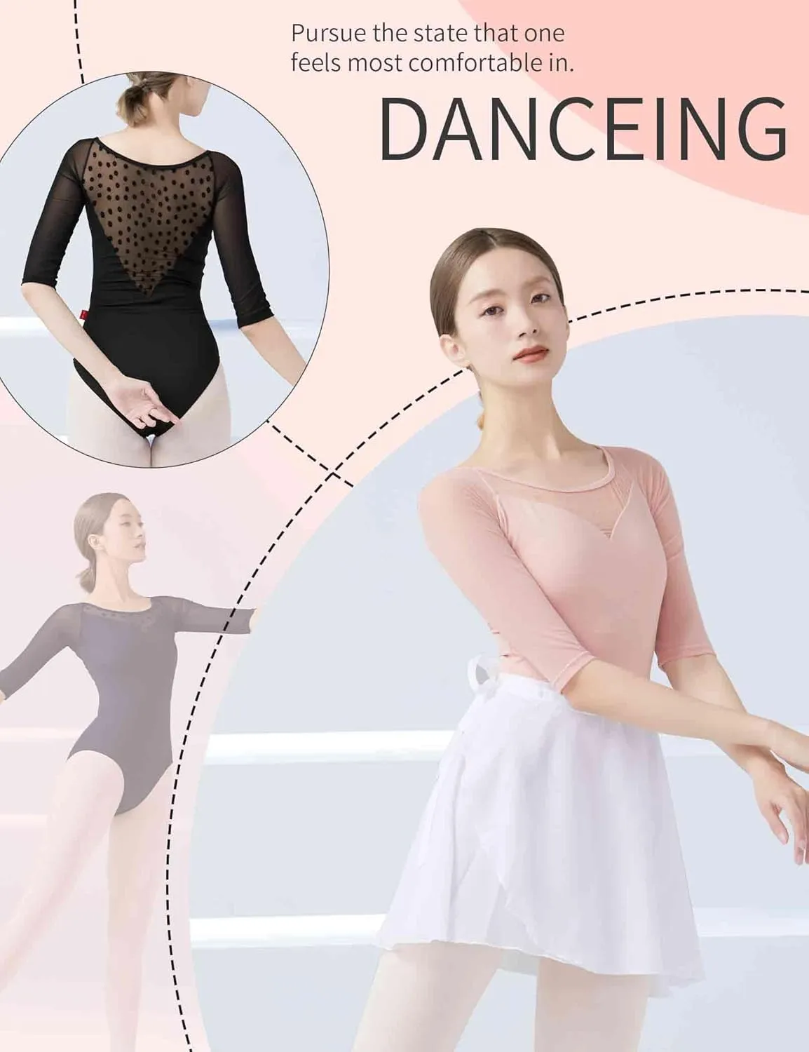 Women Dance Leotards Mesh 3/4 Sleeve Ballet Clothes Bodysuit