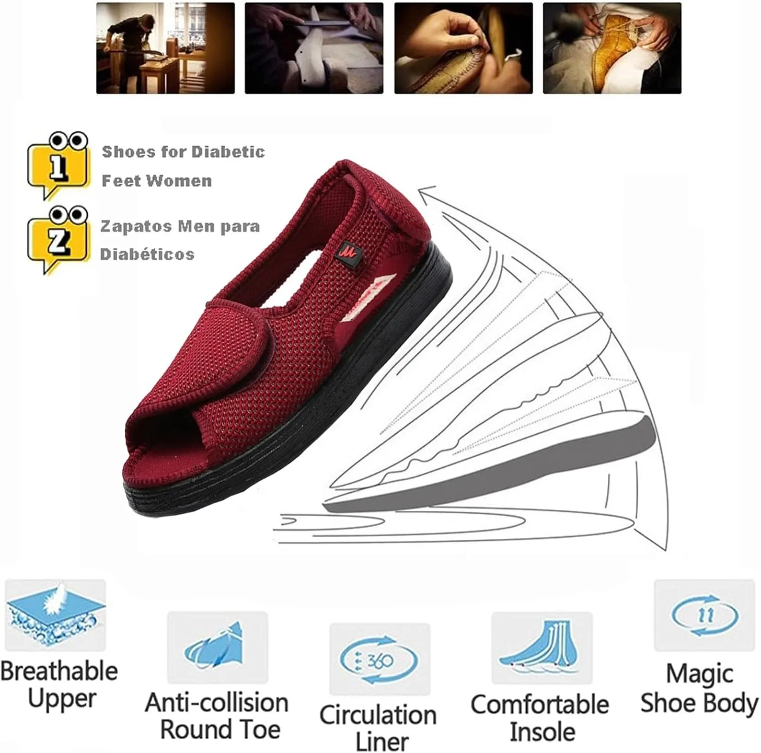 Women Diabetic Shoes Edema Slippers, Comfortable Adjustable Wide Width Open Toe Sandals, Elderly House Shoes for Swollen Feet Wine Red,7.5