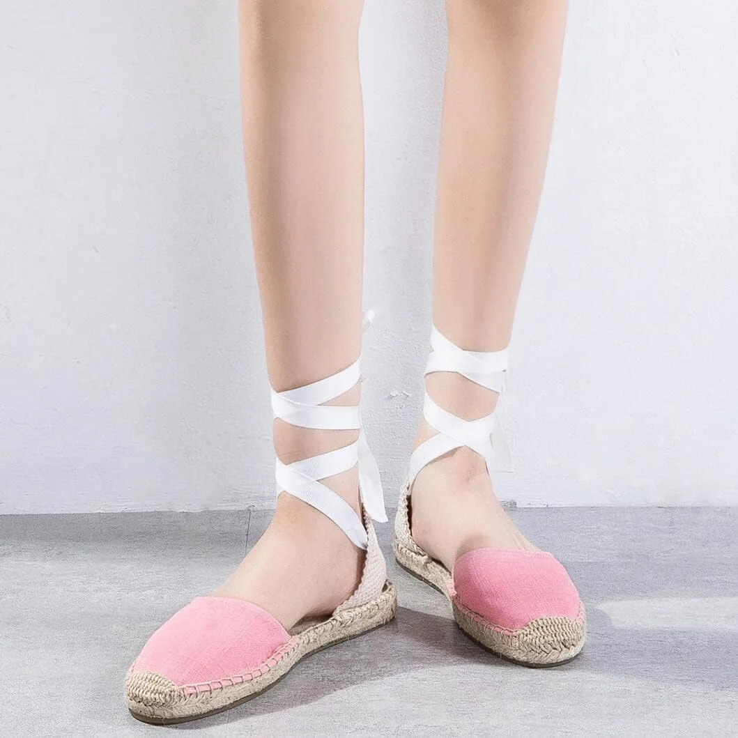 Women Espadrille Lace Up Flats Comfortable Summer Breathable Espadrille Sandals Adjustable Shoelace Dating Work Travel