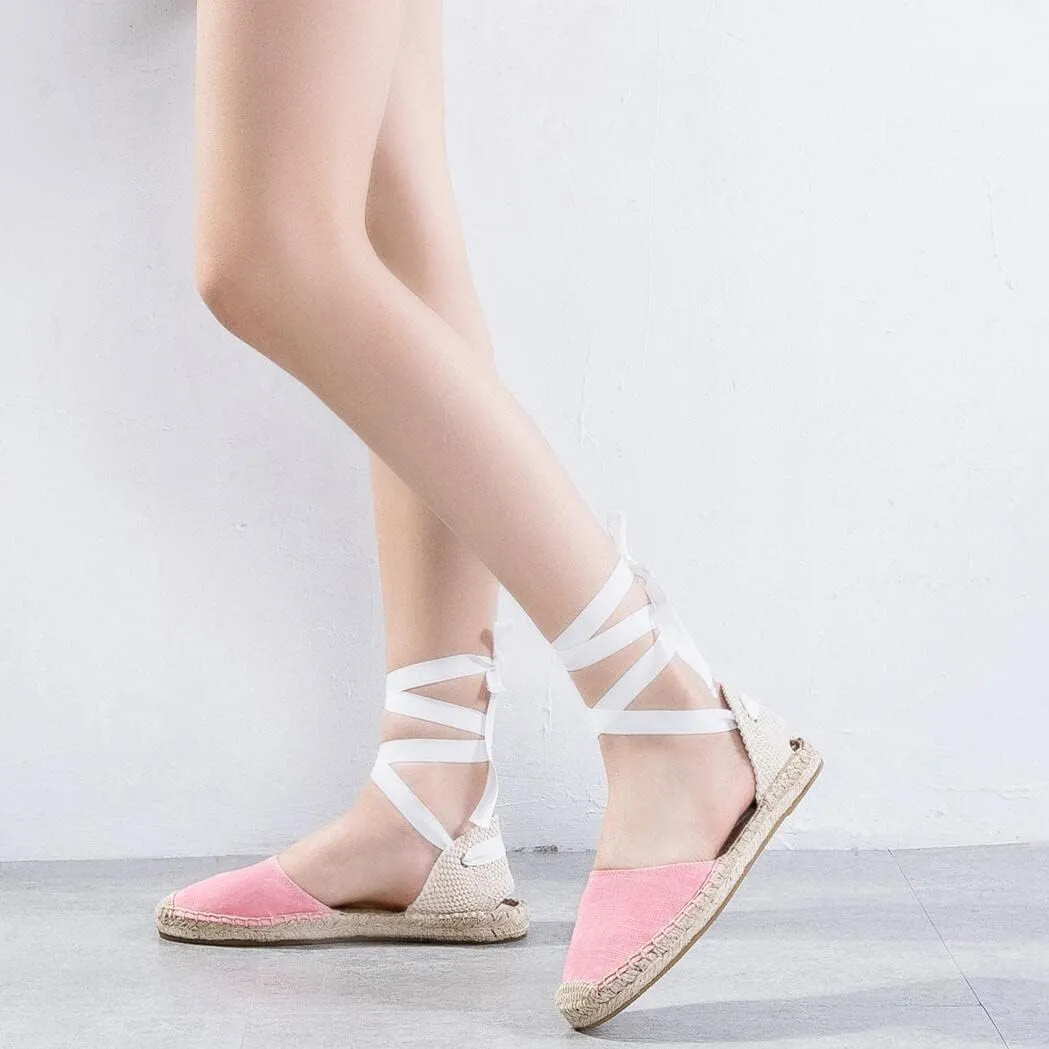 Women Espadrille Lace Up Flats Comfortable Summer Breathable Espadrille Sandals Adjustable Shoelace Dating Work Travel