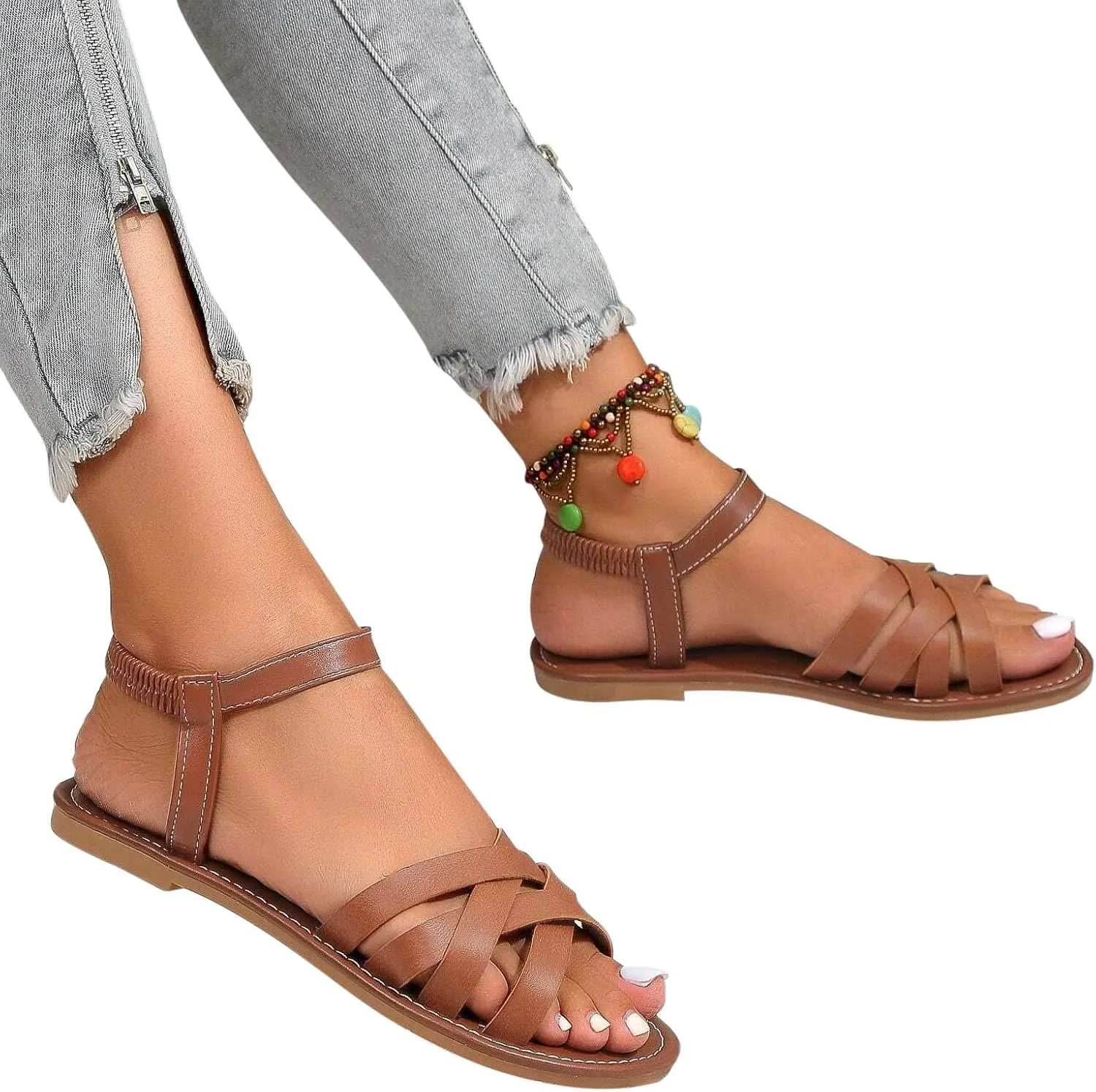 Women Fashion Hollow Strappy Roman Sandals Summer Comfort Walking Flats Casual Lightweight Flat Sandal Shoes