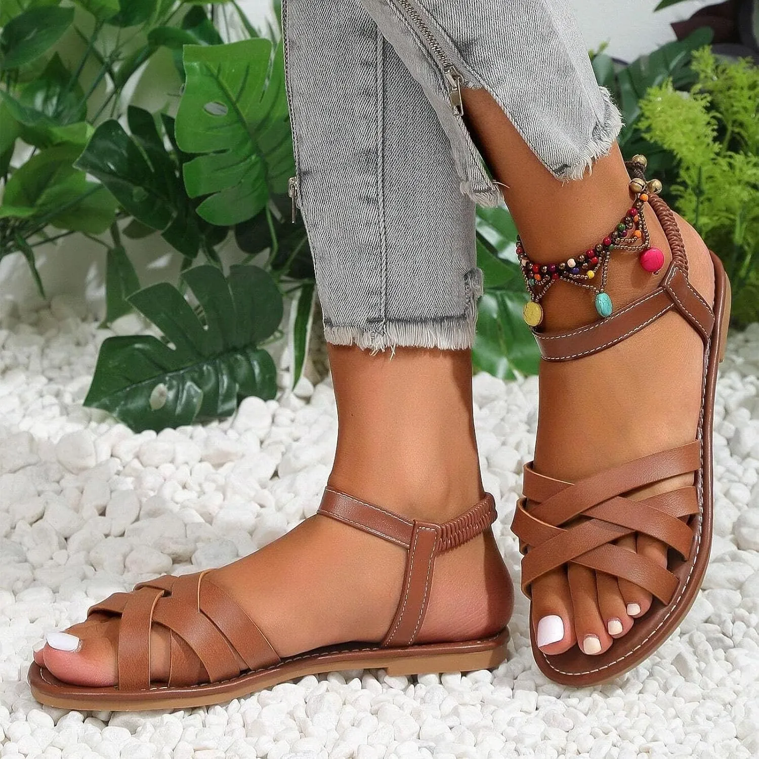 Women Fashion Hollow Strappy Roman Sandals Summer Comfort Walking Flats Casual Lightweight Flat Sandal Shoes