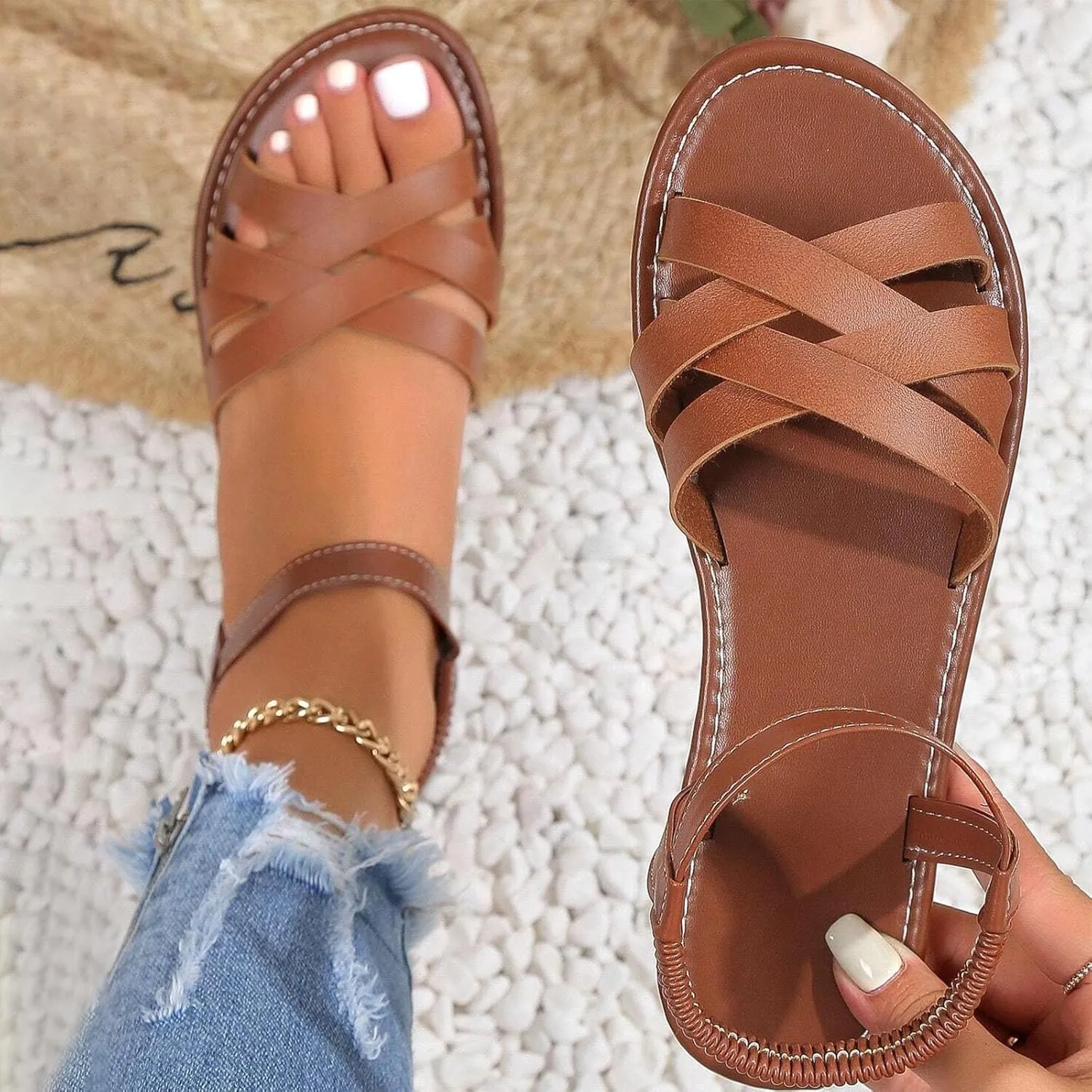 Women Fashion Hollow Strappy Roman Sandals Summer Comfort Walking Flats Casual Lightweight Flat Sandal Shoes