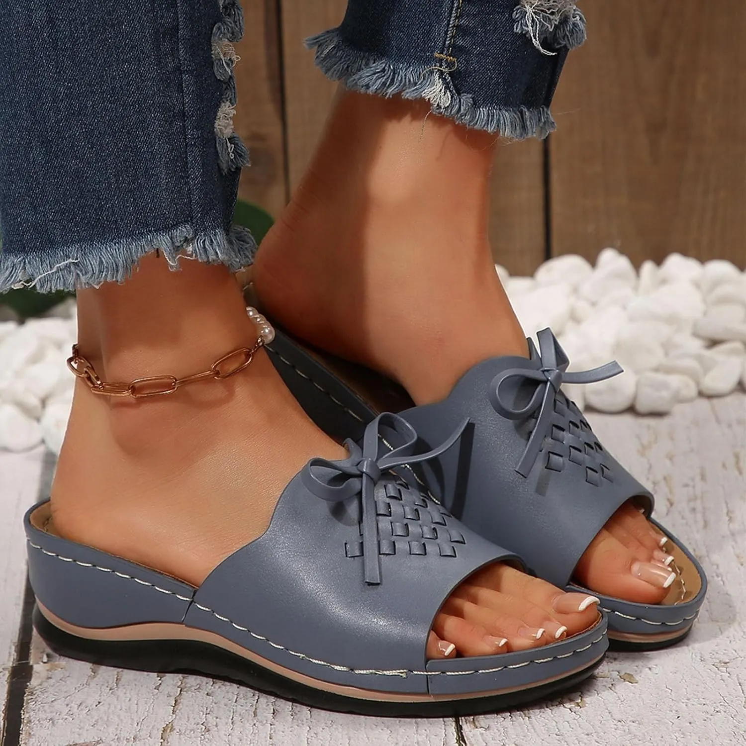 Women Low Wedge Sandals Summer Slip-on Slides Dressy Casual Wedges Slippers Comfort Bowknot Sandal 2025 New