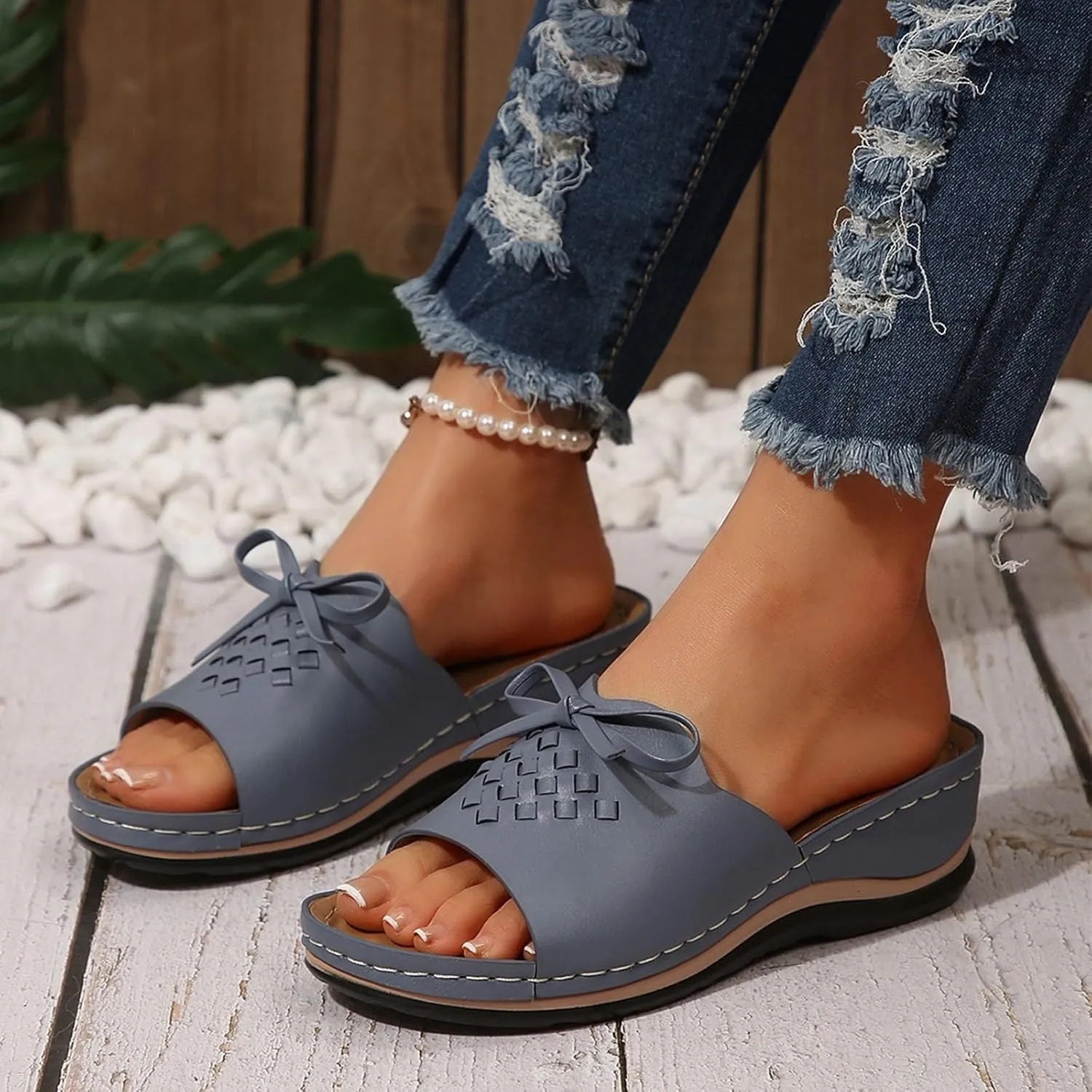 Women Low Wedge Sandals Summer Slip-on Slides Dressy Casual Wedges Slippers Comfort Bowknot Sandal 2025 New