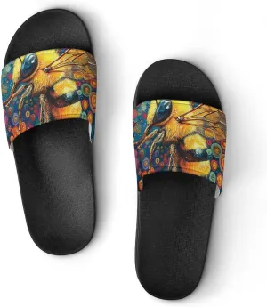 Women Men Slide Slippers Sandals Shower Home Beach House Shoes Gifts, Bee Golden Honeybee Art