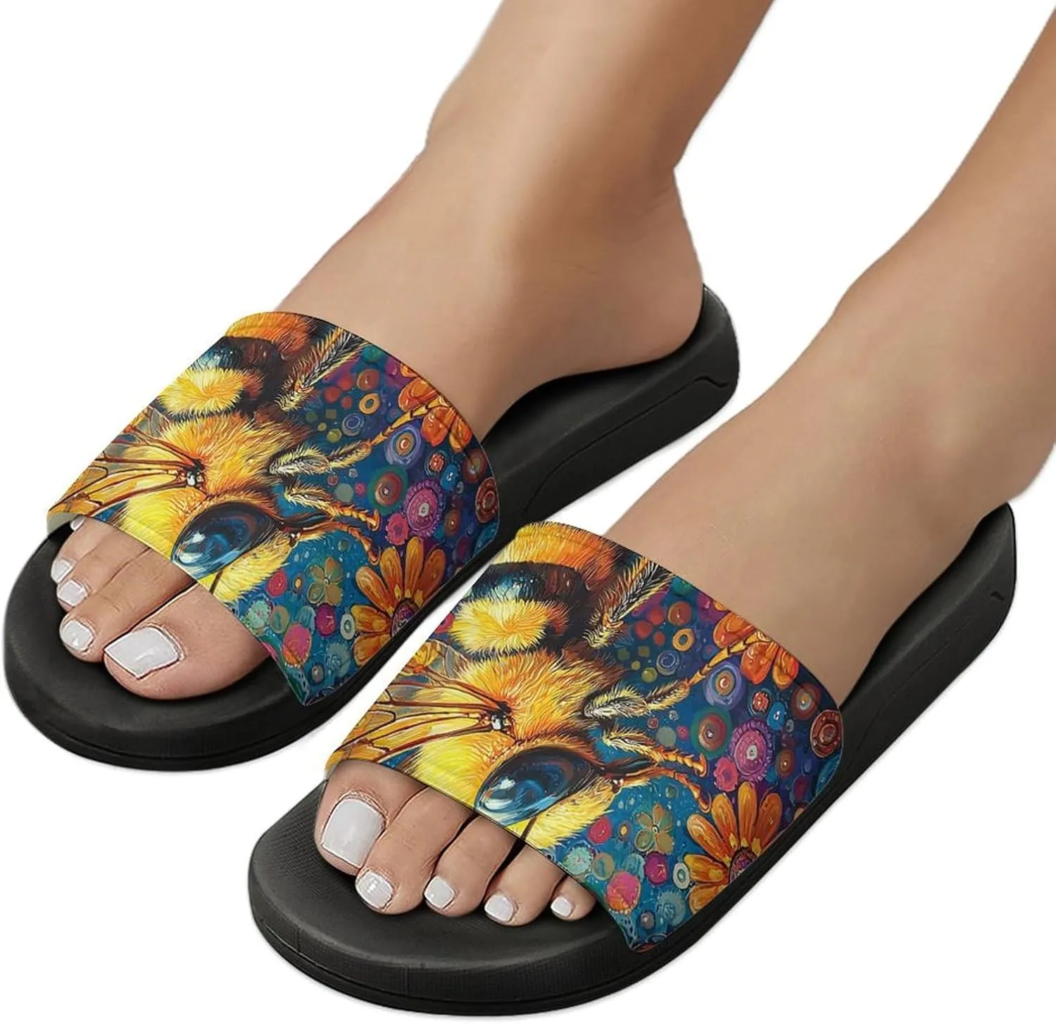 Women Men Slide Slippers Sandals Shower Home Beach House Shoes Gifts, Bee Golden Honeybee Art
