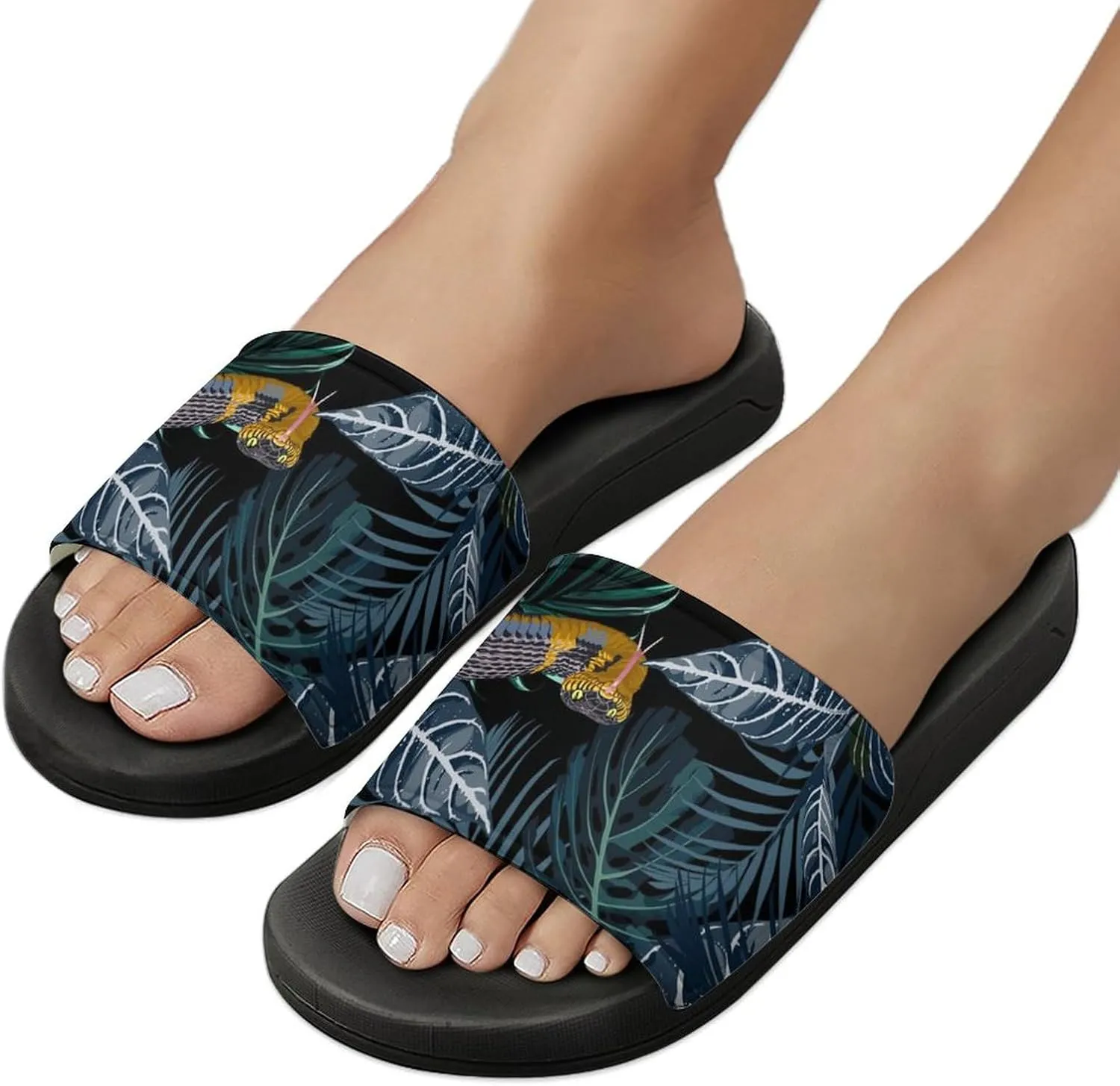 Women Men Slide Slippers Sandals Shower Home Beach House Shoes Gifts, Tropical Jungle Yellow Snake