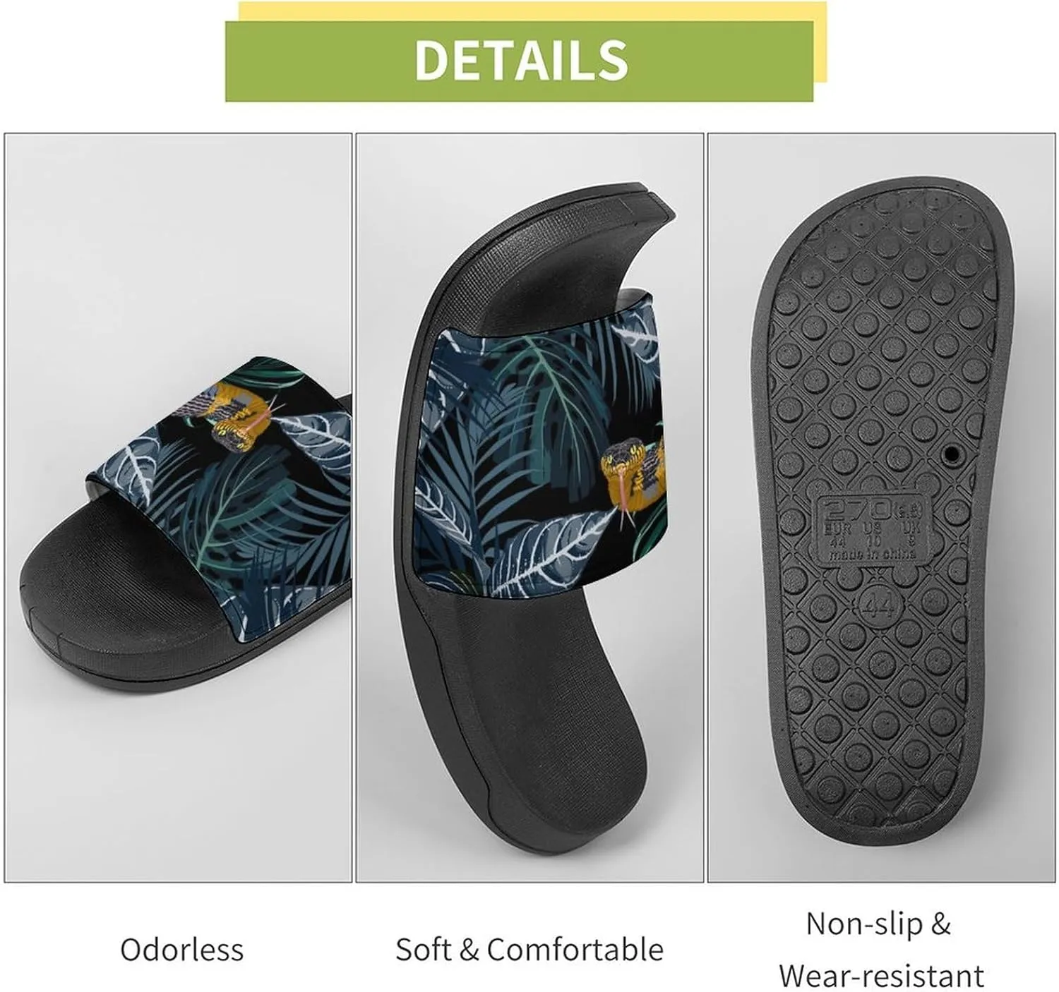 Women Men Slide Slippers Sandals Shower Home Beach House Shoes Gifts, Tropical Jungle Yellow Snake