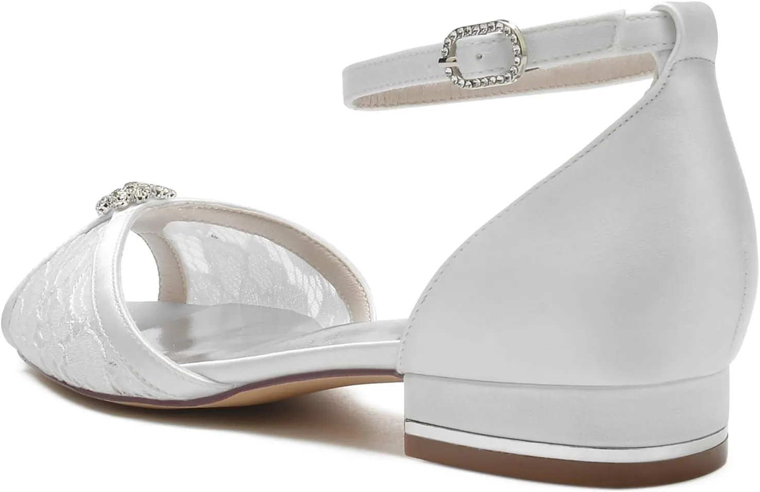 Women Peep Toe Flats Wedding Bridal Shoes Lace Satin Rhinestone Sandals Ankle Strap Party Prom Sandals