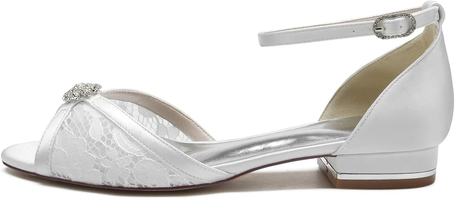 Women Peep Toe Flats Wedding Bridal Shoes Lace Satin Rhinestone Sandals Ankle Strap Party Prom Sandals