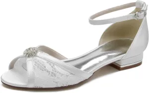 Women Peep Toe Flats Wedding Bridal Shoes Lace Satin Rhinestone Sandals Ankle Strap Party Prom Sandals