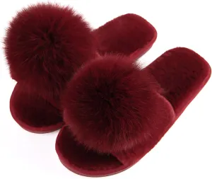 Women Slippers with Real Fox Fur Ball, Girl Furry Cozy Warm House Slipper, Open Toe Soft Flat Slide Sandals for Women Indoor Outdoor