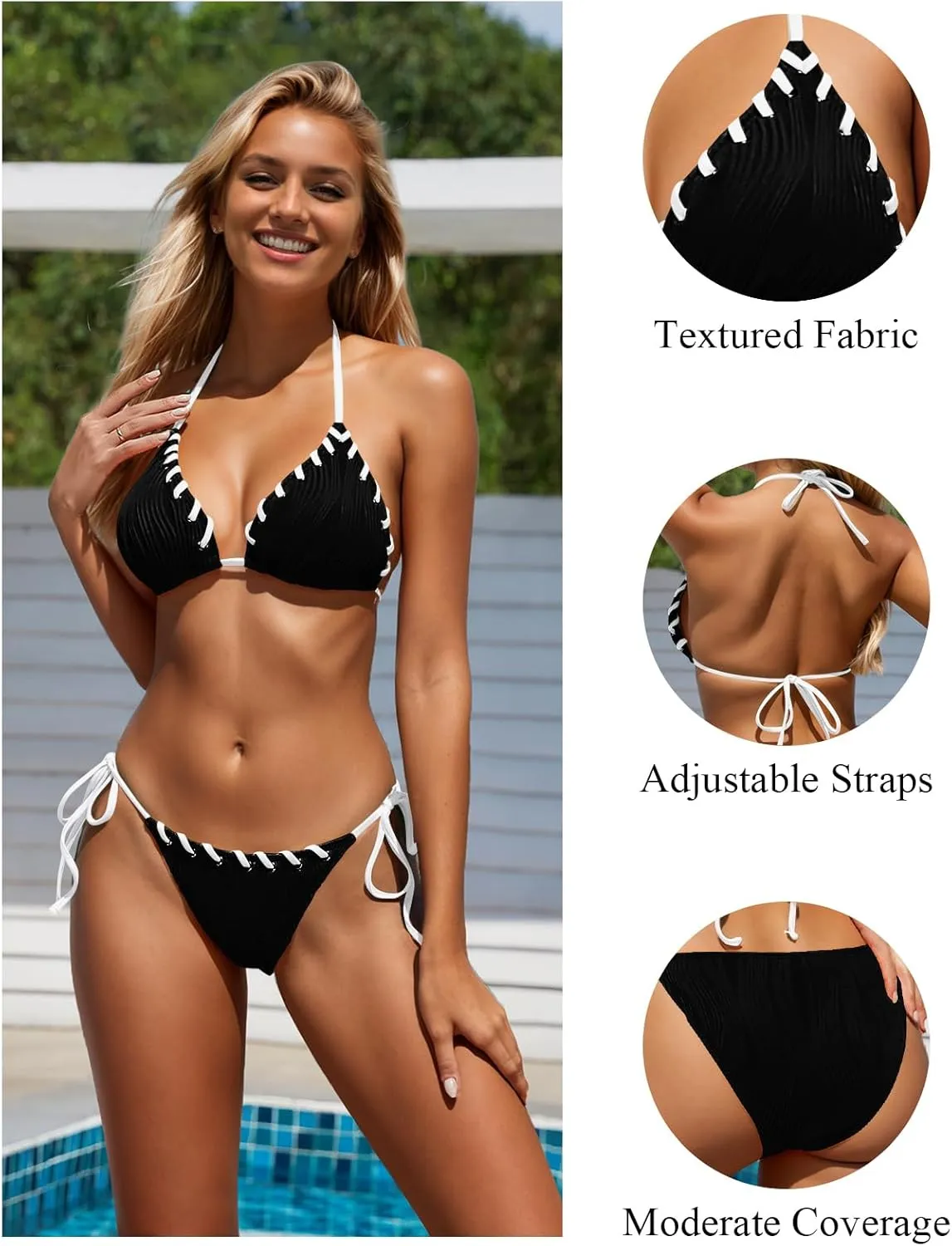 Women Two Piece Bikini Swimsuit Color Block Bathing Suits Halter Triangle String Bikini Sets