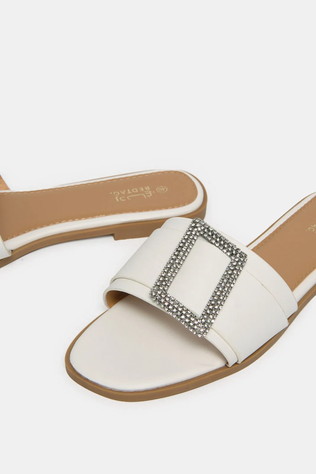Women White Buckle Trim Mule