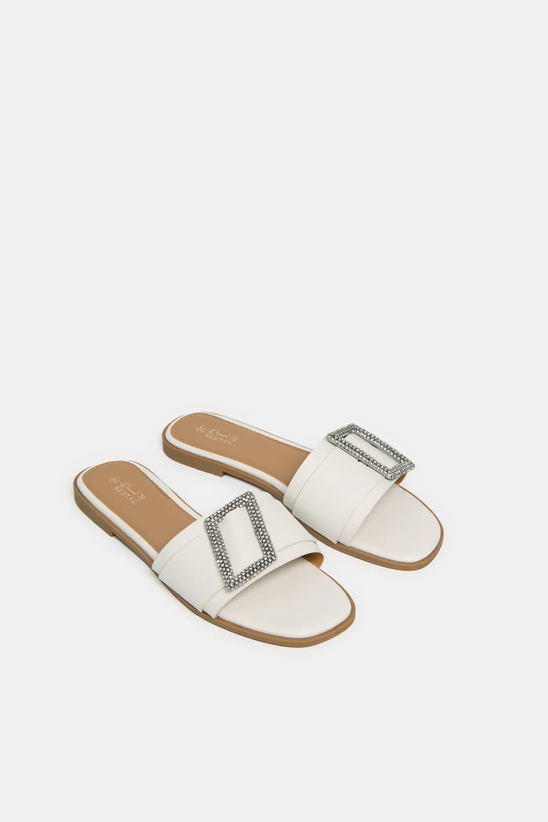 Women White Buckle Trim Mule