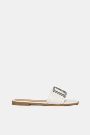 Women White Buckle Trim Mule
