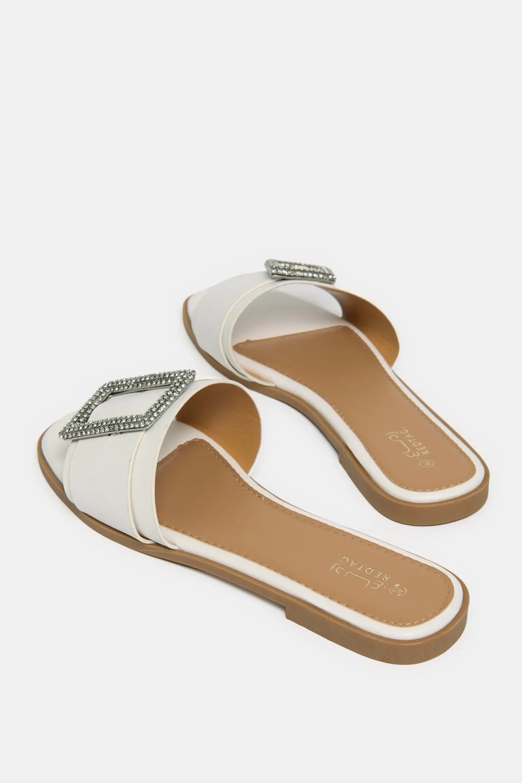 Women White Buckle Trim Mule