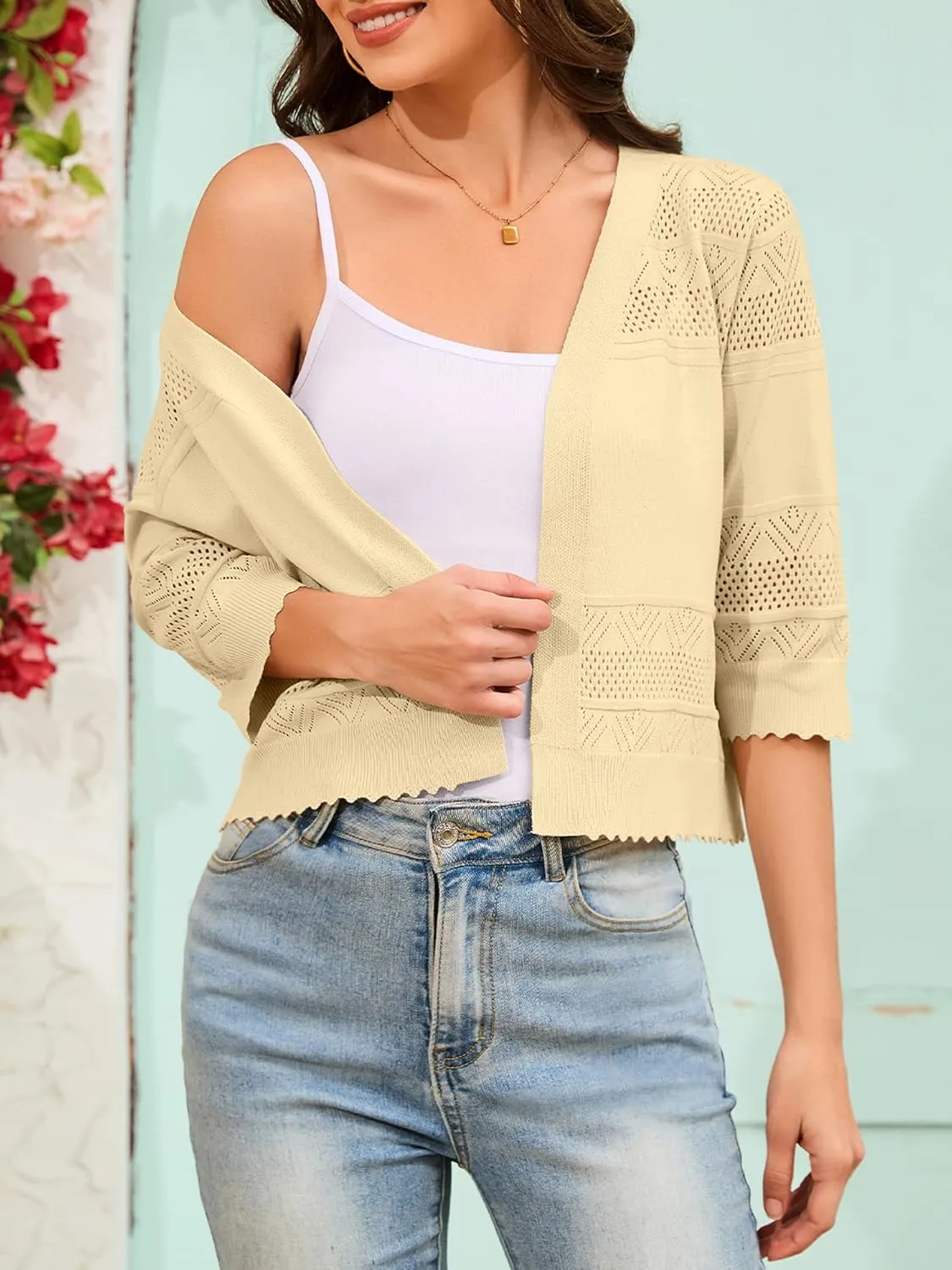 Women's 2025 Cropped Cardigan 3/4 Sleeve Lightweight Crochet Shrug Hollowed-Out Knit Sweater Tops S-XXL