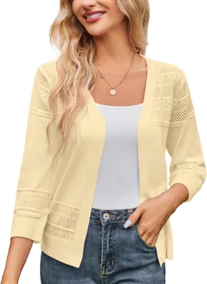 Women's 2025 Cropped Cardigan 3/4 Sleeve Lightweight Crochet Shrug Hollowed-Out Knit Sweater Tops S-XXL